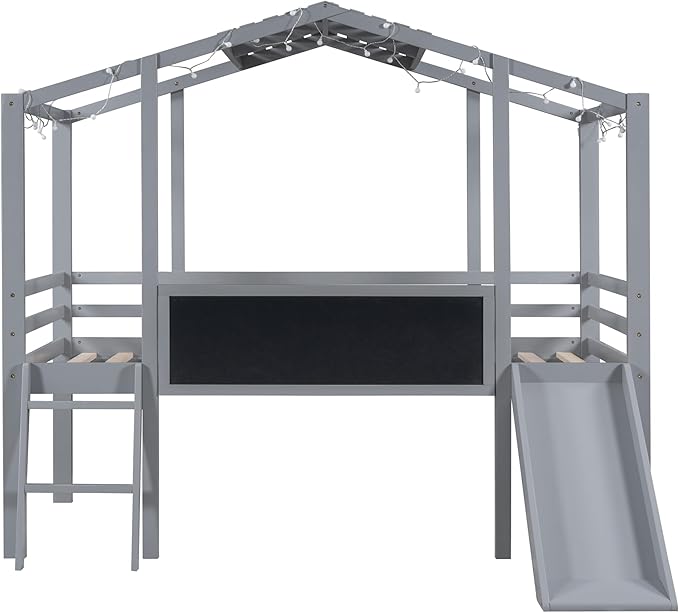 Ball & Cast Twin Size House Loft Bed with Ladder and Slide,Wood Bunkbed w/Blackboard and Light Strip on The Roof,Slat Support,Space Saving,Bedroom Furniture for Student Dorms,Gray