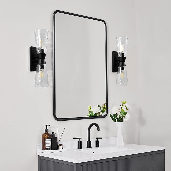 ANDY STAR Bathroom Mirror, 24x36 Inch Stainless Steel Metal Frame Black Rectangle Bathroom Mirror for Over Sink, Modern Rounded Corner Black Vanity Mirrors for Wall, Hangs Horizontally or Vertically