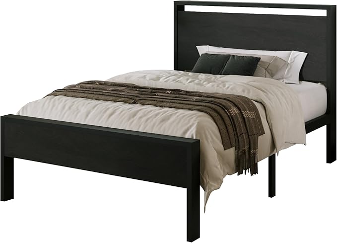 Allewie Twin Size Platform Bed Frame with Wooden Headboard and Footboard, Heavy Duty Metal Slats Support, No Box Spring Needed, Under-Bed Storage, Noise Free, Easy Assembly, Black Oak