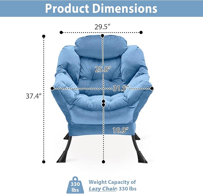 Lazy Chair Thick Padded, Comfy Velvet Accent Lounge Chair with Stable Frame, Leisure Sofa Armchair with Armrests and Side Pocket, Reading Chair for Bedroom, Living Room, Office, Light Blue