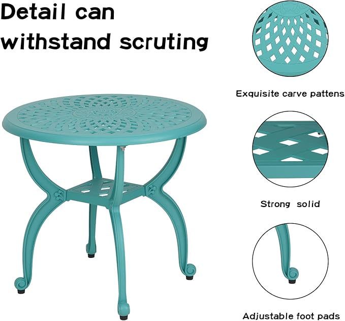 JARDIN DE CENTENNIAL Cast Aluminum Outdoor Side Table,Anti-Rust Outdoor End Table,Patio Coffee Bistro Table for Indoor,Garden,Porch,Balcony(Round Blue)