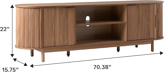 Walker Edison Modern Curved Reeded TV Stand for TVs up to 70 Inches, Credenza with Sliding Doors and Adjustable Shelves, TV Stand with Cord Management Cutout, 70 Inch, Mocha
