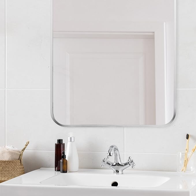 Navaris Arched Wall Mirror - Silver Arch Framed Mirror - 17.7x31.5 Wall-Mounted Mirror with Silver Aluminum Alloy Frame for Living Room Bathroom Hall