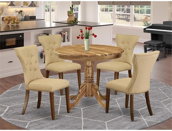 East West Furniture ANGA5-ANA-03 5 Piece Dining Table Set for 4 Includes a Round Kitchen Table with Pedestal and 4 Brown Linen Fabric Upholstered Parson Chairs, 36x36 Inch, Natural