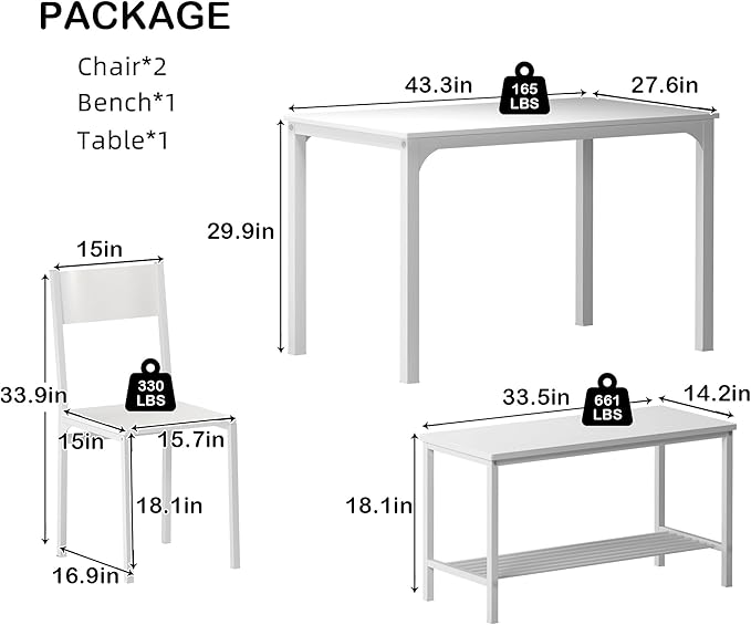 sogesfurniture 4-Piece Bench Style Dining Table Set, 4-Person Space-Saving Dinette for Kitchen，43'' Wood Kitchen Table & Chair Set for Breakfast Nook and Small Space, White
