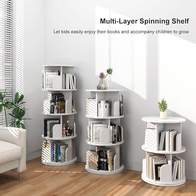 Nidouillet Rotating Bookshelf, Revolving Bookcase 360 Display Round Bookshelf Narrow Swivel Corner Book Shelf Standing Bookcase for Adult Bedroom, Living Room (White, 3 Tier)