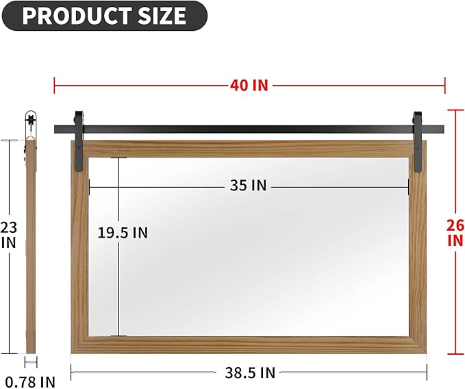 Brown Farmhouse Mirror for Wall, 40x26INCH Large Wood Framed Square Bathroom Mirrors for Vanity, Barn Door Style Mirrors Wall Mounted Dresser Decor Mirror Living Room Bedroom Horizontal