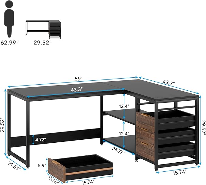 Tribesigns L Shaped Computer Desk with Storage Drawers, 59 inch Corner Desk with Shelves, Reversible L-Shaped Office Desk Study Writing Table Workstation for Home Office, Black
