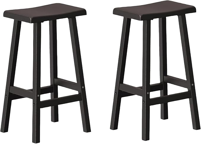 29" H Bar Stools Set of 2 - Classic Saddle Seat with Footrest, Resin Kitchen Counter Stool, Anti-Slip & Waterproof - Tall Barstools for Bar, Kitchen, Dining Room, Lounge - Black