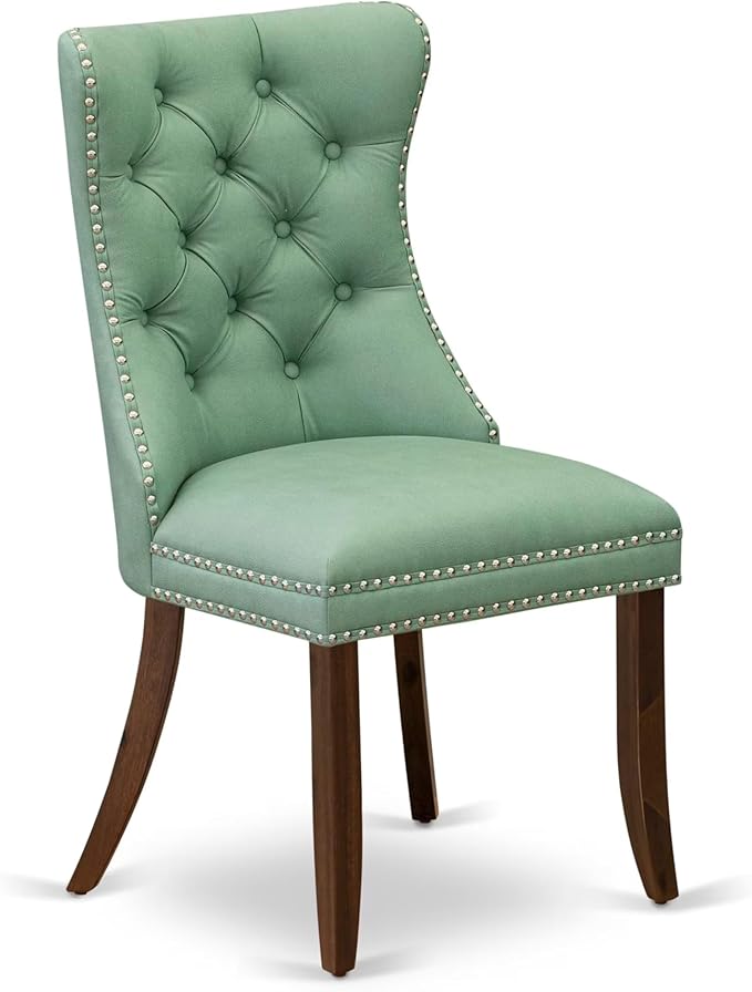 LEDA9-AWA-22 9-Piece Modern Dining Table Set Includes a Kitchen Table and 8 Willow Green Polyester Fabric Dinner Chairs with Button Tufted Back - Antique Walnut Finish