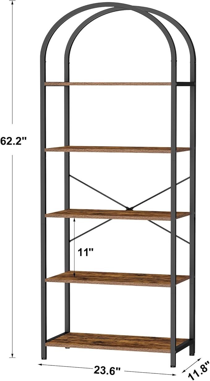 Homhedy 5-Tier Bookshelf Arched Display Racks, Wood and Metal Bookcase, Tall Bookshelf, Industrial Display Standing Shelf Unit, for Home Office, Living Room, Bedroom, Bathroom, Rustic Brown