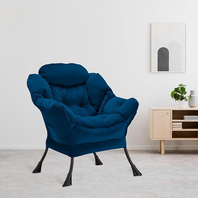 Lazy Chair Thick Padded, Comfy Velvet Accent Lounge Chair with Stable Frame, Leisure Sofa Armchair with Armrests and Side Pocket, Reading Chair for Bedroom, Living Room, Office, Blue