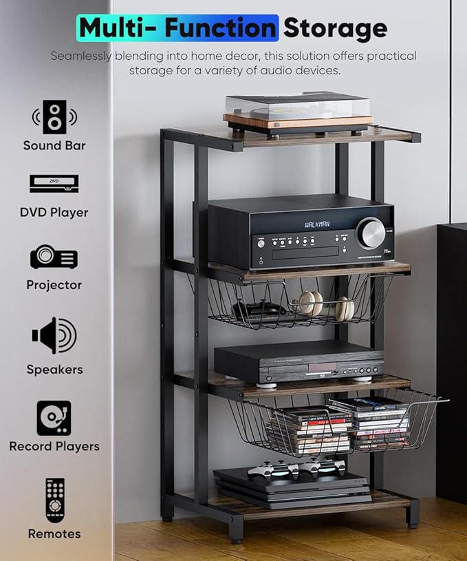 Media Stand with Two Detachable Baskets, 4-Tier AV Media Stand Corner Shelf for DVD Players/Cable Boxes/Games Consoles, Audio Storage Rack for Living Room, Gaming Room, Music Studio, Black