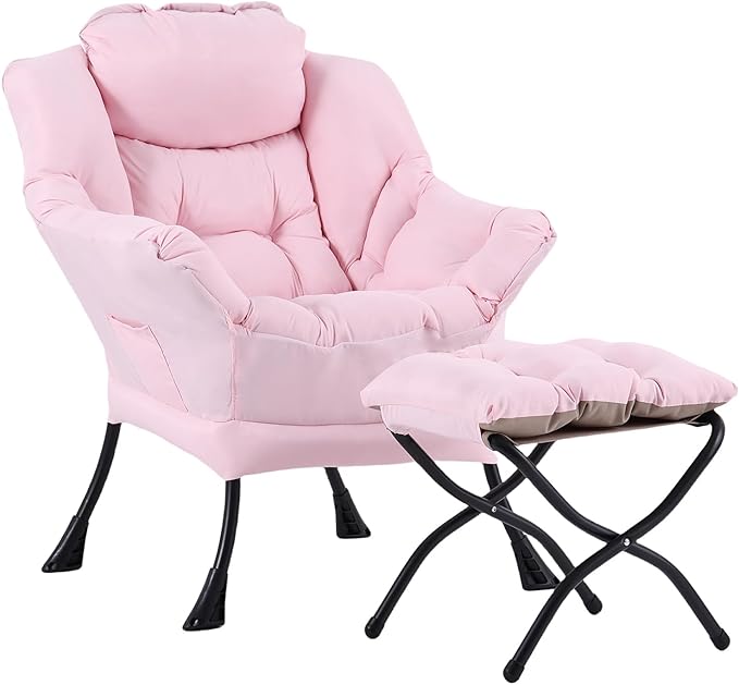 LITA Lazy Chair with Ottoman, Modern Accent Leisure Upholstered Sofa, Contemporary Lounge Reading Chair with Armrests and a Side Pocket for Living Room, Bedroom & Small Space, Pink