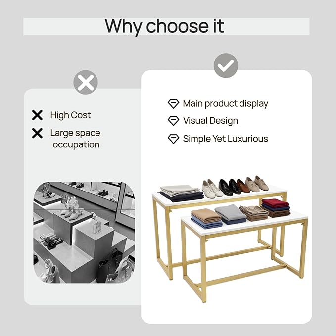 Gold 2-Piece Set Retail Display Tables Modern Nesting Tables - Metal Display Riser Shelf for Shoes, Handbags, Home, Clothing Shops & Retail Stores - 110lbs Load Capacity