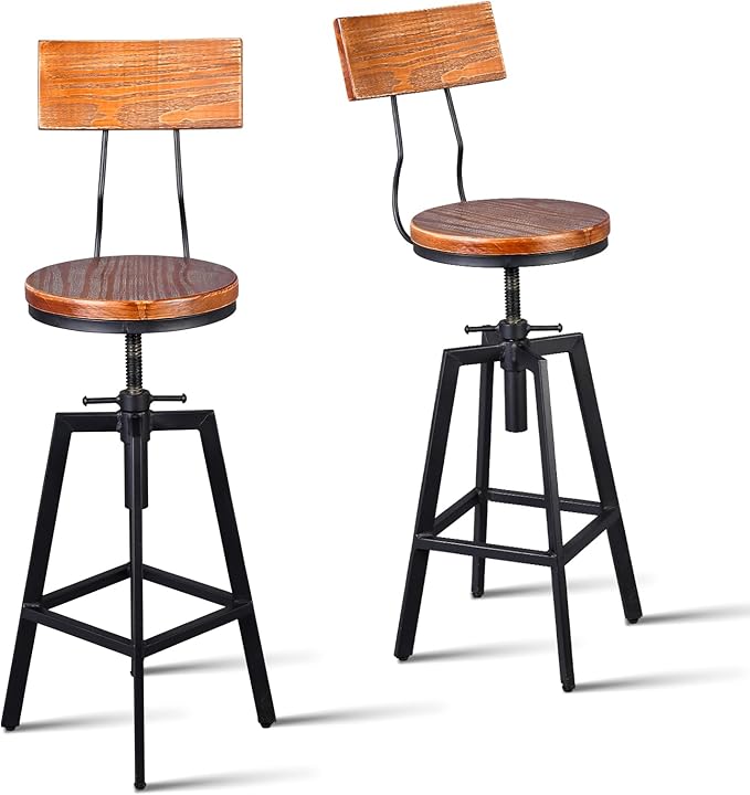 Diwhy Industrial Bar Stool Wood Metal Bar Stool,Adjustable Height Swivel Counter Height Bar Chair with Backrest,Black,Fully Welded Set of 2 (Brown Wooden Top with Wooden Backrest)