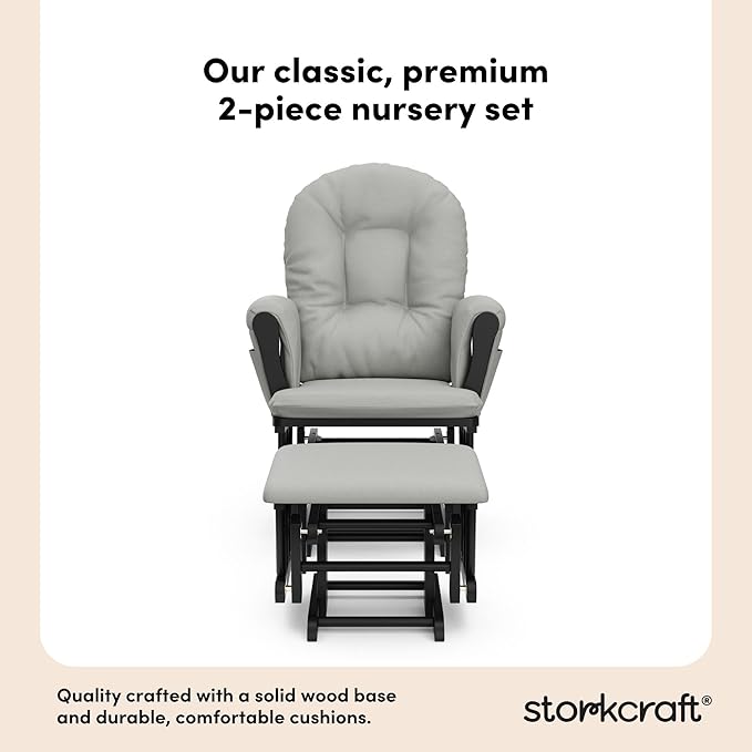 Storkcraft Premium Hoop Glider & Ottoman (Black with Light Gray) — GREENGUARD Gold Certified, Wood Craftsmanship, Convenient Storage Pockets, Smooth-Gliding Chair for Nursery, Multi-Award-Winning
