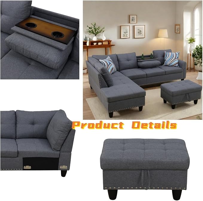 L Shaped Sectional Couch with Otttoman, 97" Leather Sectional Sofa for Living Room Modular Couches with Cup Holders for Bedroom, Apartments, Grey