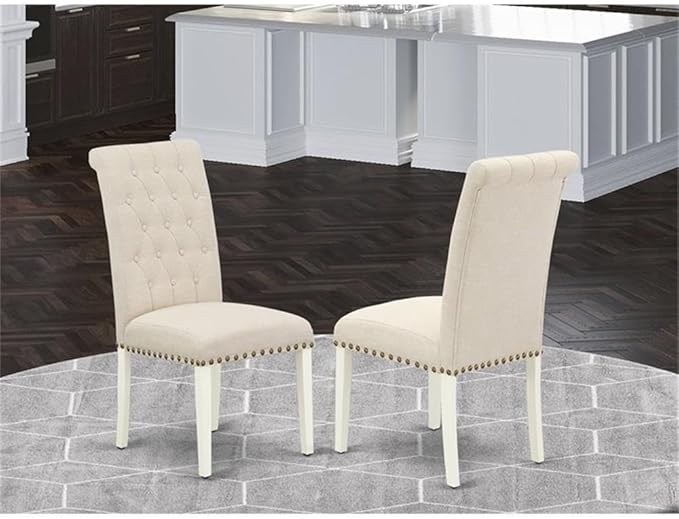 East West Furniture BRP2T02 Bremond Parsons Dining Chairs - Button Tufted Nailhead Trim Light Beige Linen Fabric Upholstered Chairs, Set of 2, Linen White