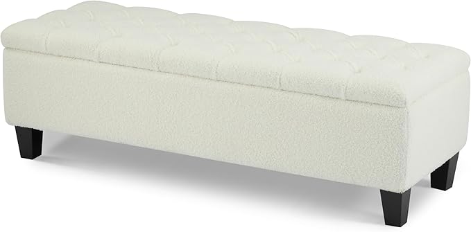Christopher Knight Home Ottilie Boucle Fabric Storage Ottoman Bench, Wooden Rectangular Ottoman with Storage, Bedroom End of Bed Foot Stool, Entryway Ottoman Footrest, Living Room Extra Seat, Beige
