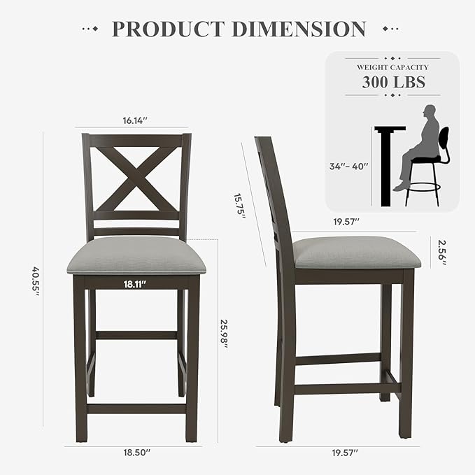Upholstered Counter Height Bar Stools Set of 6, Modern Kitchen Island Barstools Chairs with Cross Back and Wood Legs for Dining Room Bar, Dark Grey