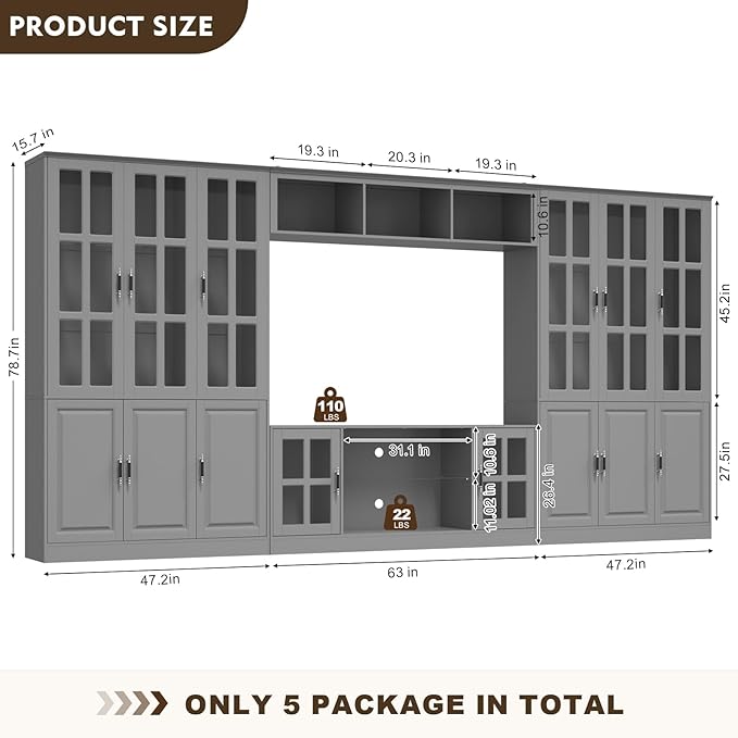 4-Piece Wall Unit TV Stand with Storage & LED Lights for TVs up to 75", Modern Entertainment Center with Bookshelves & 6-Door Pantry Cabinet, Gray