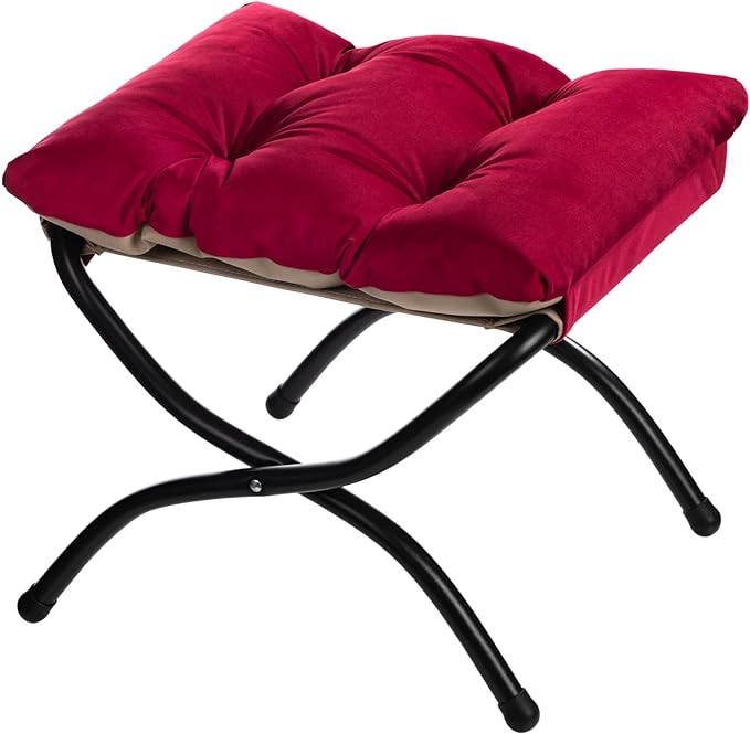 HollyHOME 15"(H) Folding Footrest Stool, Upholstered Small Foldable Ottoman, Accent Padded Sofa Foot Stool for Lazy Chair, Metal Frame Portable Foot Rest Ottoman for Living Room, Bedroom, Burgundy