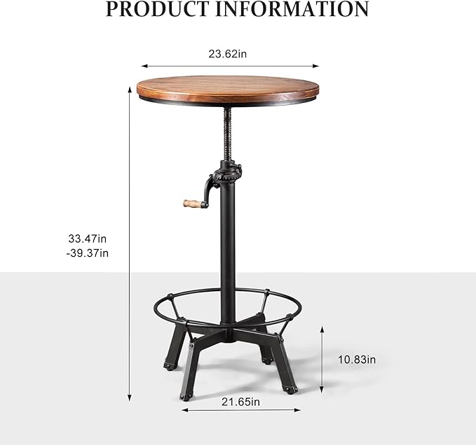 3-Piece Crank Handle Bar Table (33.5"-39.4") & 2 Backrests Stools (26"-32") Set for Pub Kitchen Dining Living Party Bistro Breakfast, Swivel Brown Top, Height Adjustable, Most Weld, Space-Saving