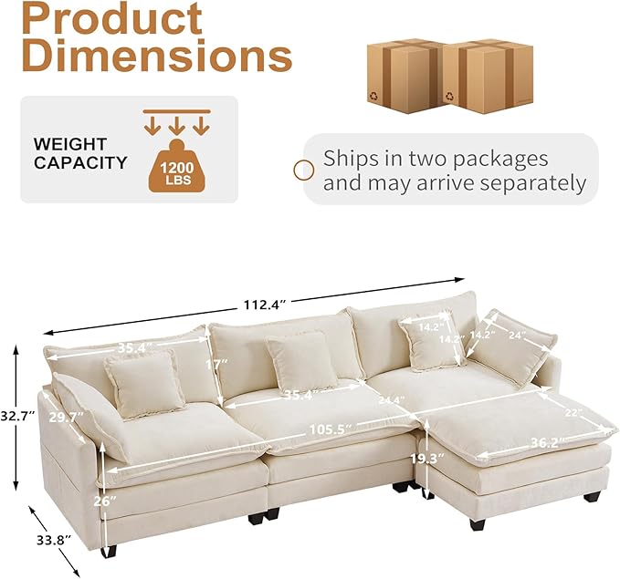 Furniliving 112‘’ L-Shaped Sofa, Luxury Chenille Modular Sectional Couches with Ottoman, Upholstered Deep Seat Sleeper Sofa with Memory Foam and Waist Pillows, Beige
