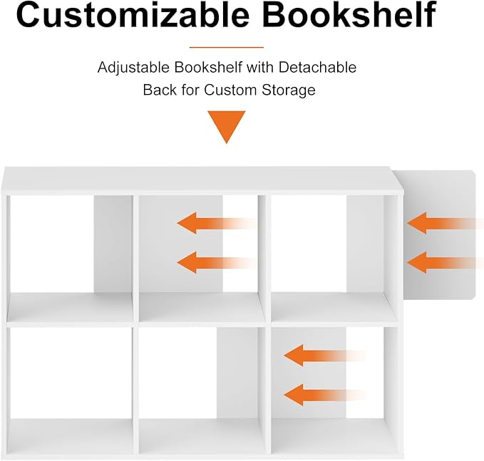 Sweetcrispy 6 Cube Storage Organizer - Open Cube Bookshelf with 3 Removable Back Panels, Display Storage Bookcase for Living Room, Bedroom, Entrance Hall, Home Office，36" L×11.6" W×24" H, White