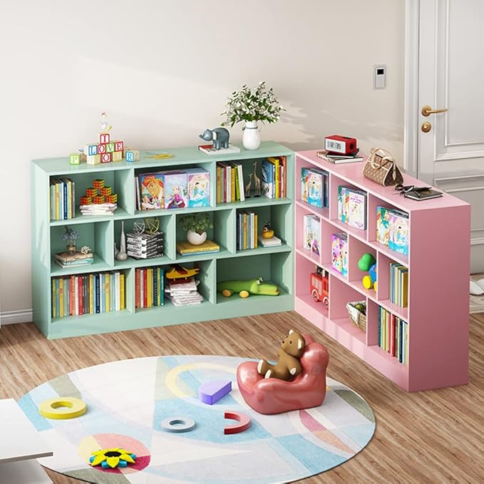 IOTXY Open Shelf Low Bookcase - Wooden 3-Tier Floor Standing Display Cabinet Organizer with Base, 5 Cubes Short Horizontal Bookshelf in Tiffany-Green