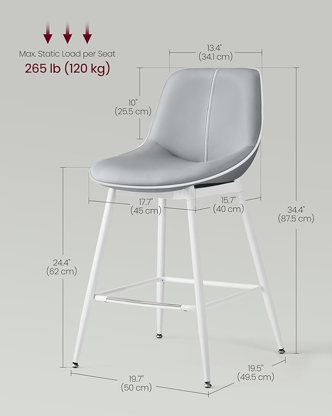 VASAGLE Bar Stools Set of 2, Counter Height Bar Stools with Back, Ergonomic Backrest, Synthetic Leather, Metal Legs, 24.4-Inch Tall Barstools for Kitchen Island Home Bar, Easy Assembly, Dove Gray