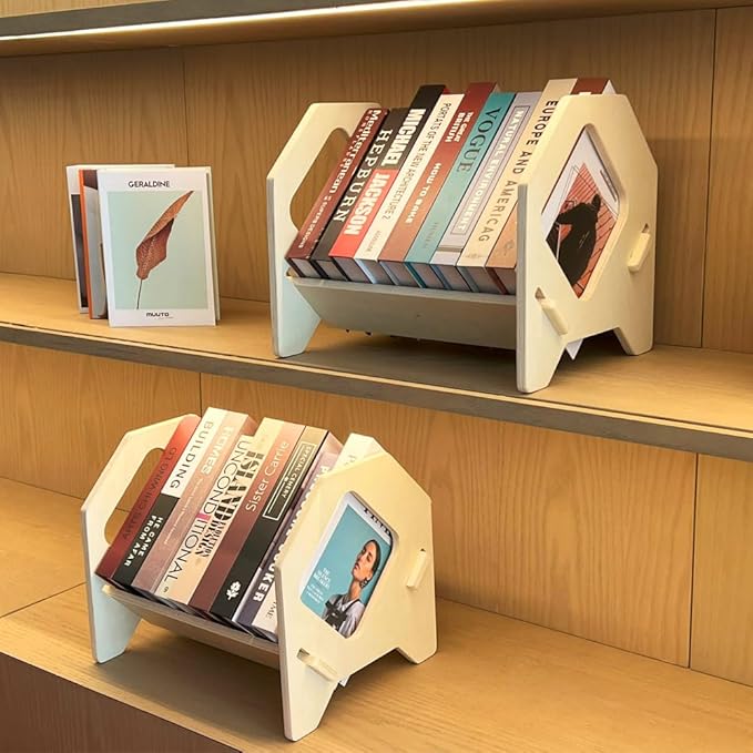 2 Pack Desktop Bookshelf, Stackable Book Organizer with Handle, Storage Rack for CD/Magazine/File Folder, Portable Small Bookshelf for Study, Living Room, Kid's Room, No Nails, Small Size