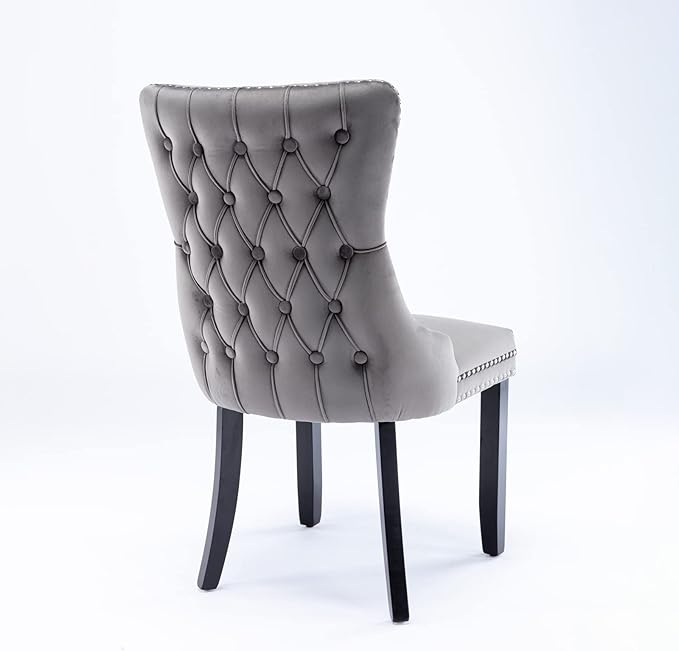 PacknWood Acosure Set of 2 Velvet Upholstered Wing-Back Dining Chair with Backstitching Nailhead Trim,Exquisite Furniture Stool W/Wood Legs,for Kitchen,Sitting Room,Gray