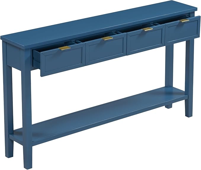 Ball & Cast 60“ Contemporary 4 Drawers Console Table, Long Narrow Entryway-Table with Drawer & Shelf, Modern Storage Sofa Tables, Farmhouse Wood Couch-Tables for Entrance Hallway Living,Blue