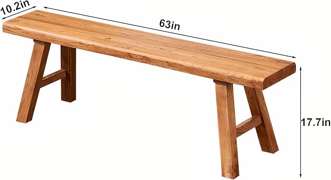 Farmhouse Wood Bench Indoor - 63Inch entryway Bench, Natural Solid Wood, Durable and Sturdy, Suitable for Dining Room, Bedroom, Porch and Other Narrow Spaces
