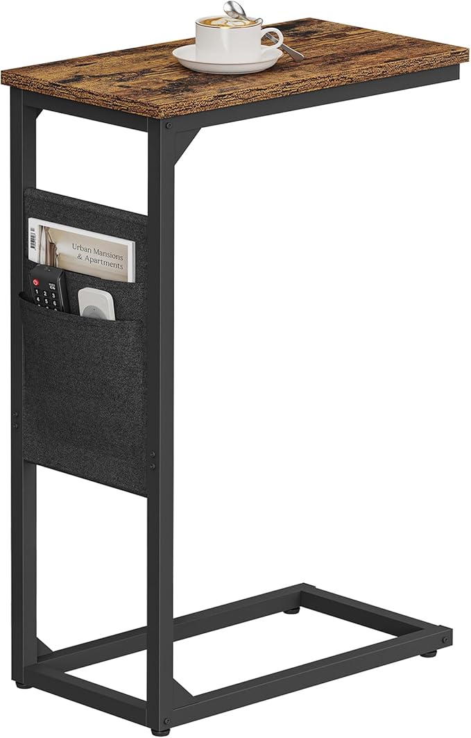 TUTOTAK C Shaped End Table, Side Table for Couch, Sofa Table with Storage Bag, TV Tray for Living Room, Bedroom, Brown TB01BB082