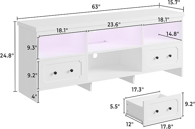 IRONCK TV Stand for 65 Inch TV, 63" LED Entertainment Center with Storage Cabinets, Power Outlets and Open Shelf, Media Console TV Cabinet with Drawers for Living Room, White
