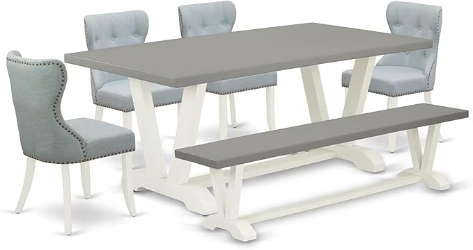 East West Furniture V097SI215-6 6 Piece Dining Room Table Set Contains a Rectangle Kitchen Table with V-Legs and 4 Baby Blue Linen Fabric Parson Chairs with a Bench, 40x72 Inch, Multi-Color