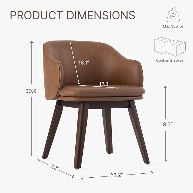 Wooden Dining Chairs Set of 4, Faux Leather Upholstered Modern Dining Room Chairs with Barrel Backrest & Double-Layer Thick Cushion for Living Room, Restaurant, Kitchen and Café, Brown, 2 Boxs