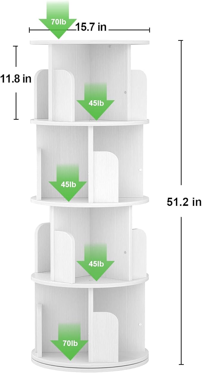 Aheaplus Rotating Bookshelf, Small Corner Bookshelf for Small Space, 360 Display 4 Tier Floor Standing Bookcase Storage Rack, Wood Narrow Book Shelf Organizer for Bedroom, Living Room, White