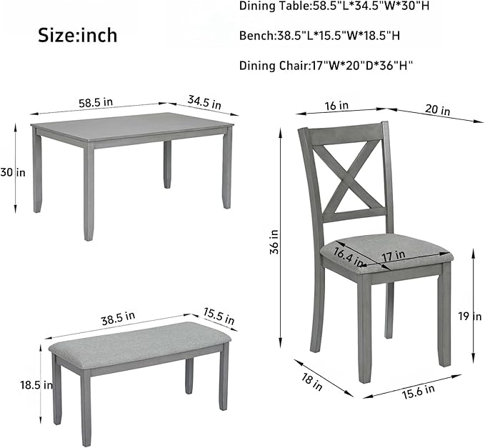 Dining Table Set, 6-Piece Kitchen Table & Chair Set with Rectangular Dining Table, 4 Upholstered X-Shaped Backrest Chairs and a Bench, Wooden Dining Table Set for 6 People, Gray