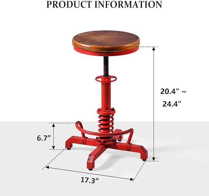 Topower Industrial Retro Vintage Farm Wooden Seat Tractor Stool Kitchen Swivel Height Adjustable bar Stool Antique Red