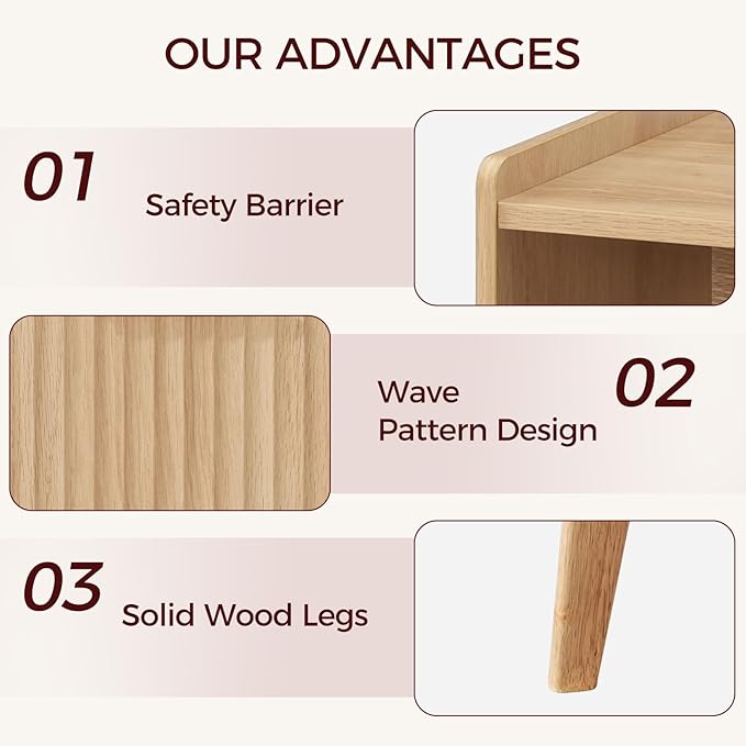 Fluted Nightstand, End Table, Small Modern Bedside Table with Charging Station, Side Table with Drawer, for Small Spaces, Bedroom, Living Room, Natural ETNA61E01
