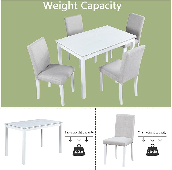 Ball & Cast 5 Piece Dining Table Set,Kitchen Table Set for 4 W/ 45.5" Rectangular Wooden Dining Table,Living Room Furniture W/ 4 Upholstered Chairs,for Dining Room,Kitchen,White