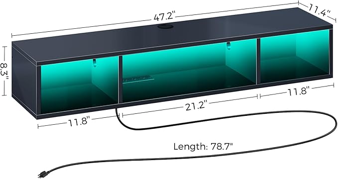 Rolanstar TV Stand with Power Outlet, Floating TV Stand with RGB Lights, 47.2" Wall Mounted TV Shelf, Glossy Black Media Console with Storage Shelf, Entertainment Under TV for Living Room, Bedroom