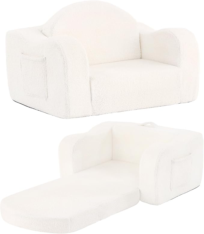 Tiita Kids Chairs for Toddler, 2-in-1 Toddler Soft Sherpa Couch Fold Out, Convertible Sofa to Lounger for Girls and Boys, Beige