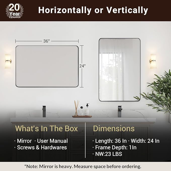 ANDY STAR Gold Bathroom Mirror, 24x36 Brushed Brass Rectangle Metal Frame Mirror for Bathroom, Modern Rectangular Wall Mounted Mirror for Vanity