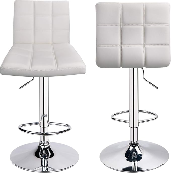 Leopard Modern Square PU Leather Adjustable Bar Stools with Back, Square Back Barstools, Counter Height Swivel Stool - 1 Chair (White)