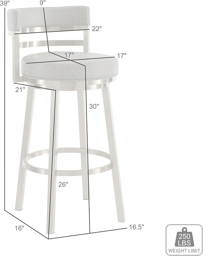 Armen Living Madrid 30" Seat Height Swivel Modern Vintage Gray Faux Leather and Gold Brushed Stainless Steel Bar Stool for Kitchen Island Counter